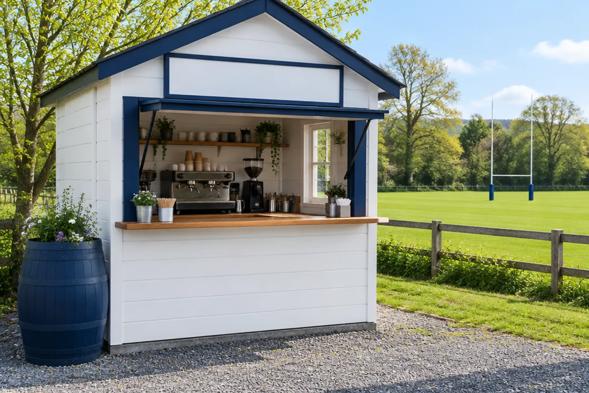A small white coffee hatch with a navy serving window beside a grassy rugby ground