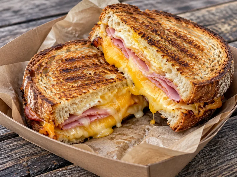 Golden ham and cheese toastie cut in half